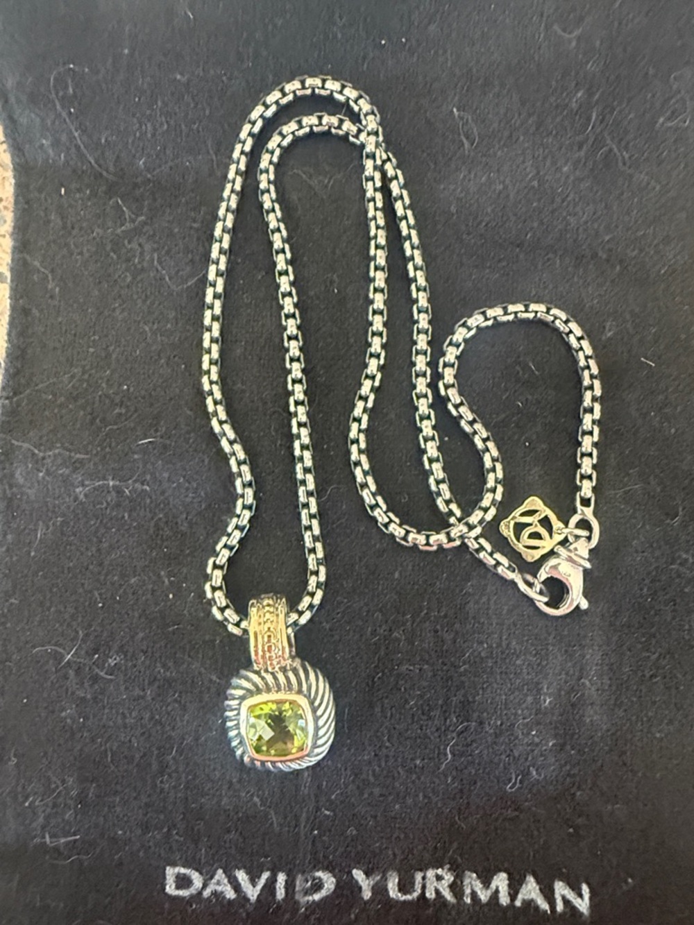 David Yurman Silver Necklace with Green Peridot Cushion Pendant